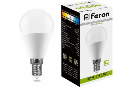 Купить Лампа светодиодная FERON LB-750 11W 230V E14 G45 шар 4000K 935lm 45*90mm 25947 фото №1