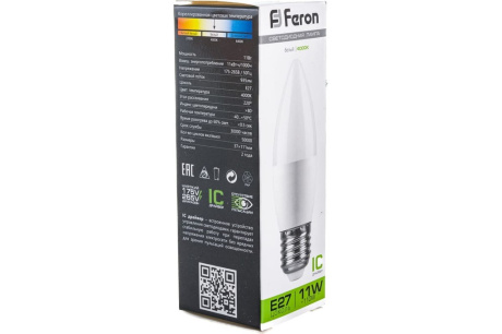 Купить Лампа светодиодная FERON LB-770 11W 230V E27 C35 свеча 4000K 935lm 37*111mm 25944 фото №6
