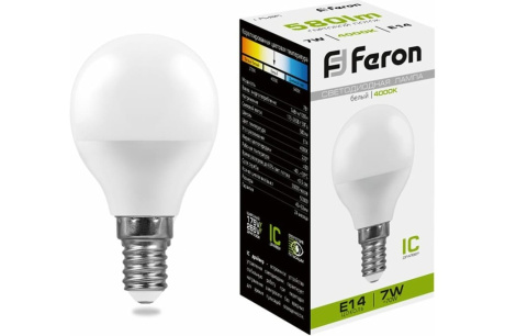 Купить Лампа светодиод. FERON LB-95 7Вт шар Е14 4000К G45 25479 фото №1