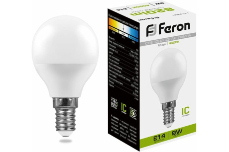 Купить Лампа светодиод. FERON LB-550 шар LED 9Вт Е14 4000К G45 25802 фото №1